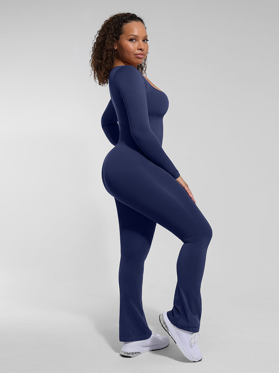 Long Sleeve Tummy Control Flared Jumpsuit