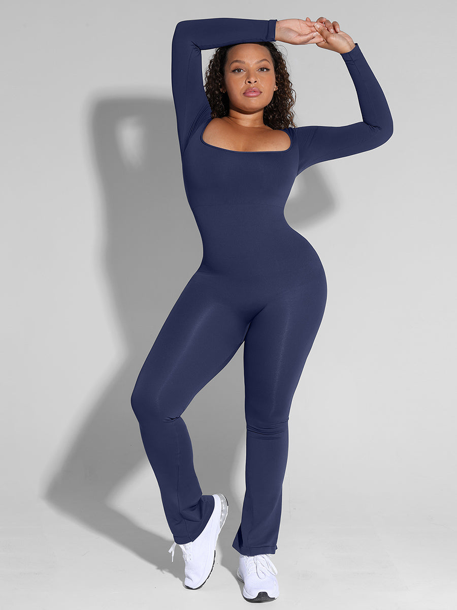Long Sleeve Tummy Control Flared Jumpsuit