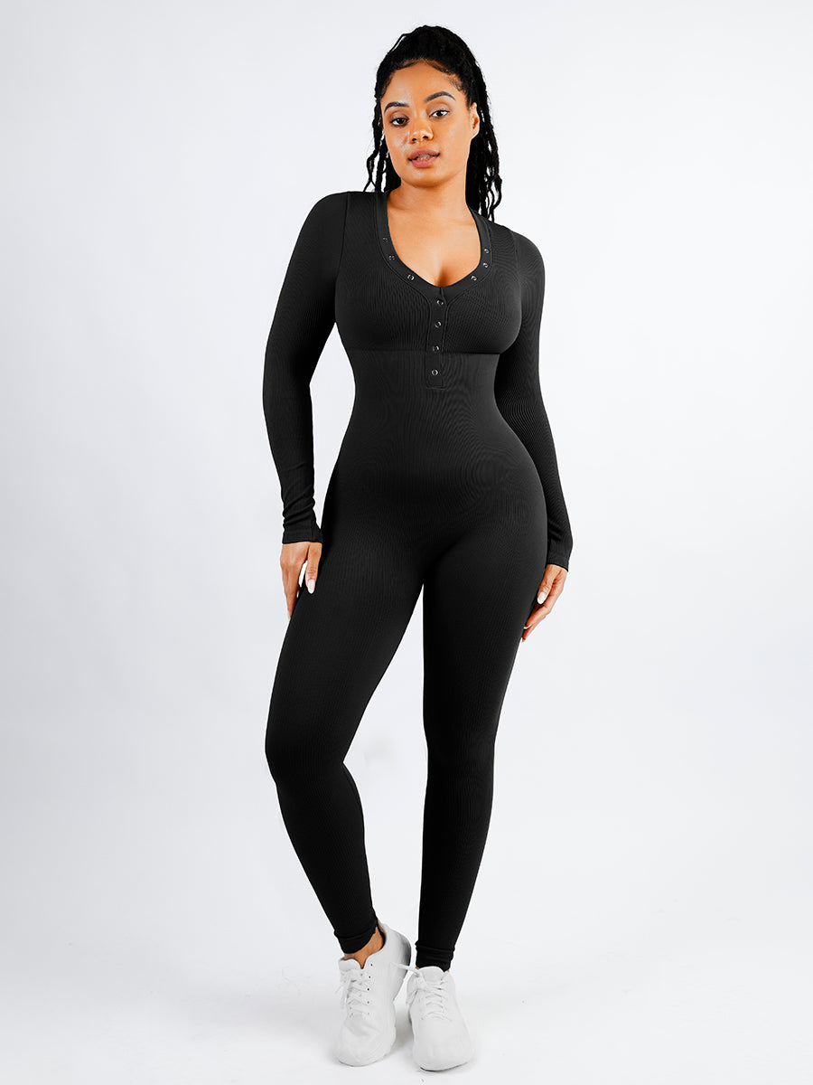 V-neck Tummy Control Long Sleeve Jumpsuit