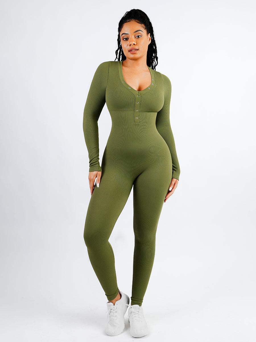 V-neck Tummy Control Long Sleeve Jumpsuit