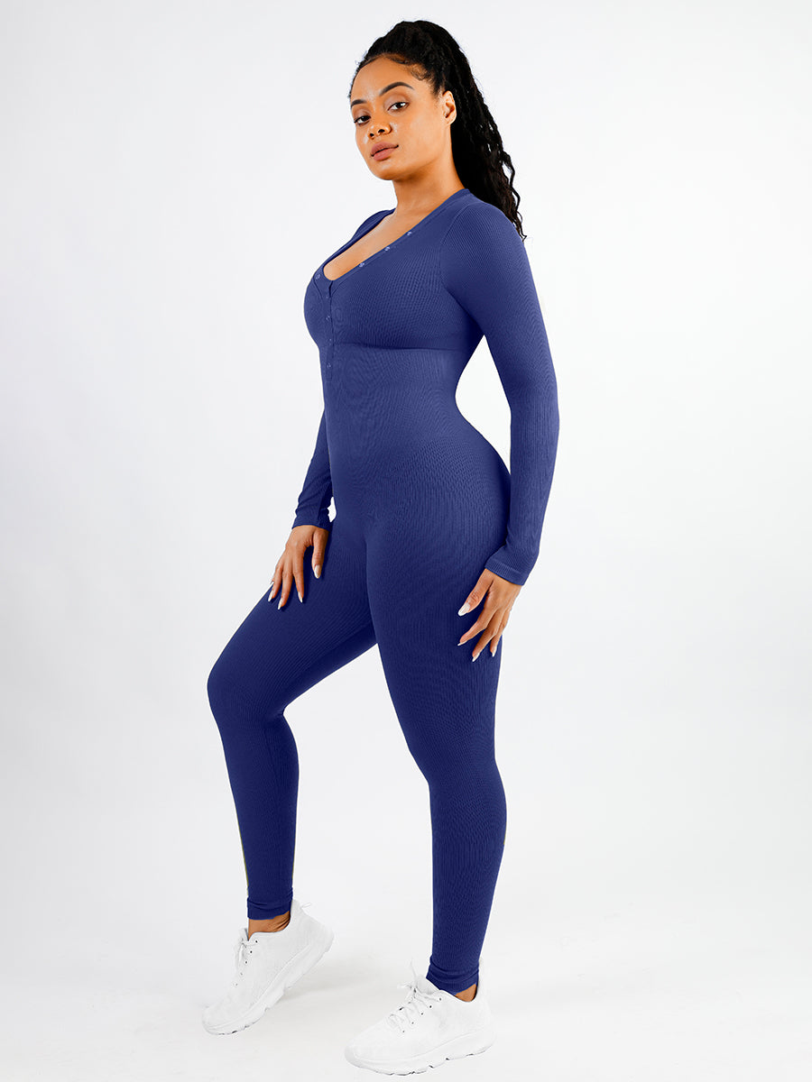 V-neck Tummy Control Long Sleeve Jumpsuit