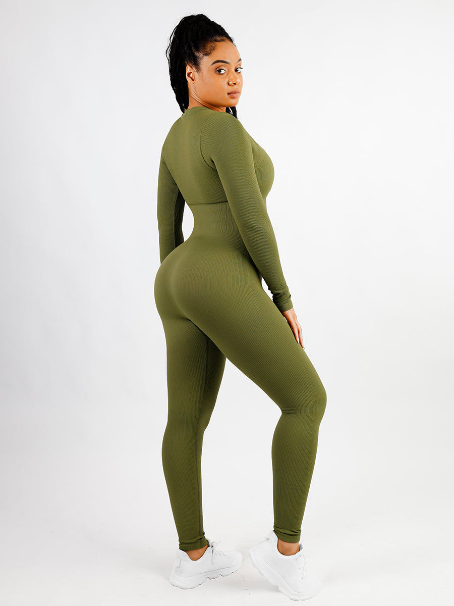 V-neck Tummy Control Long Sleeve Jumpsuit