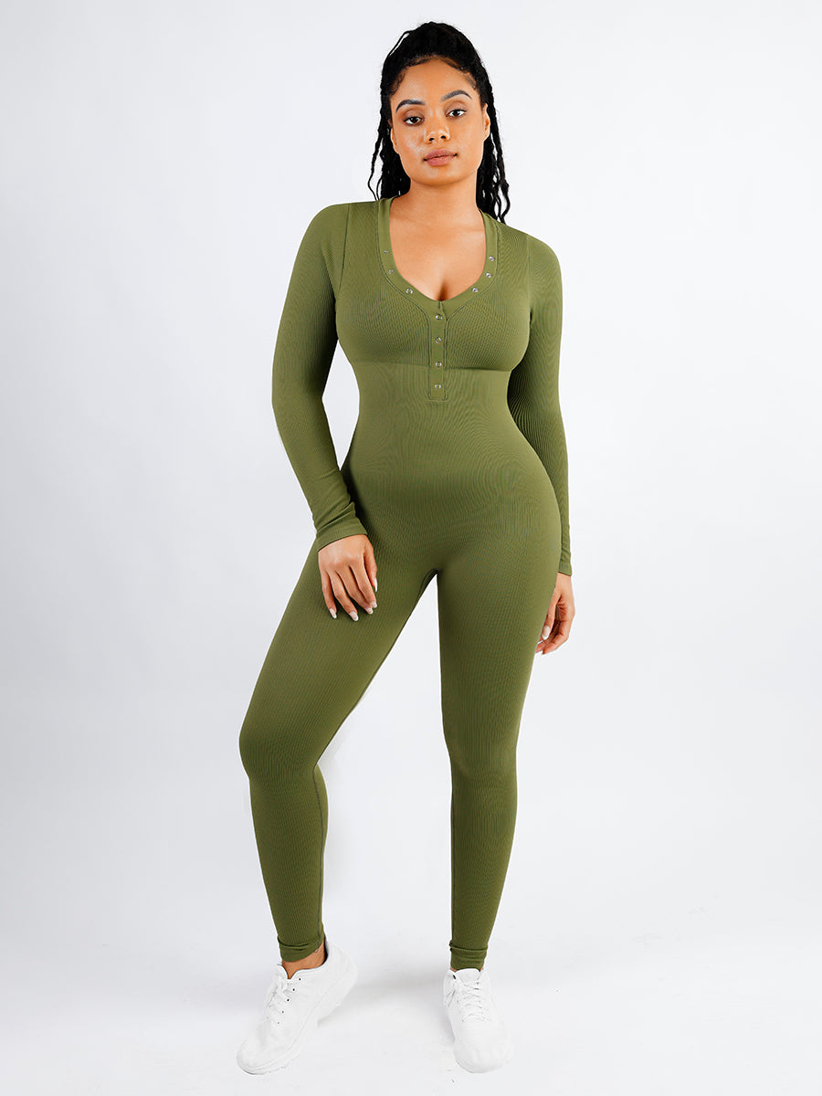 V-neck Tummy Control Long Sleeve Jumpsuit