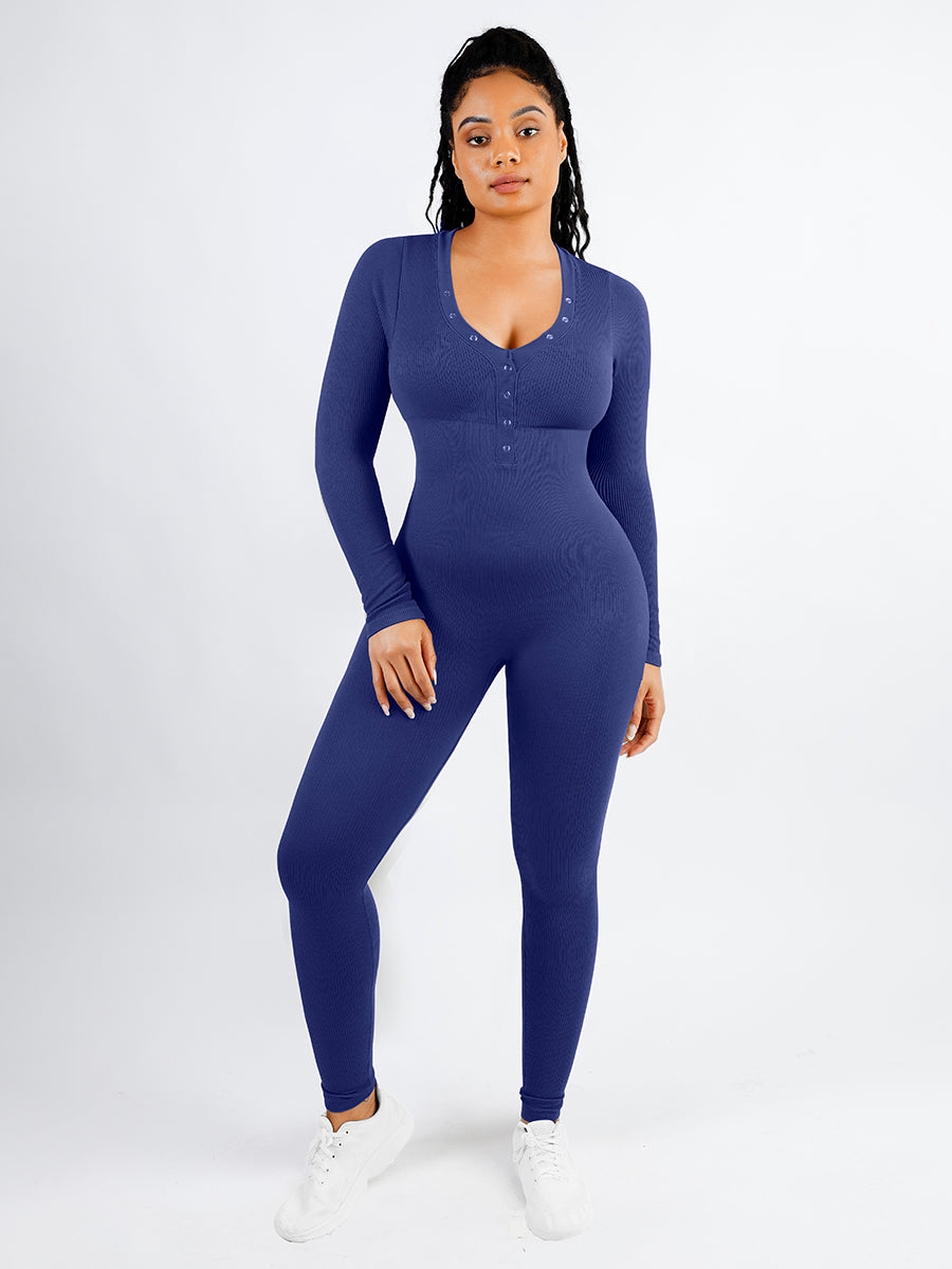 V-neck Tummy Control Long Sleeve Jumpsuit