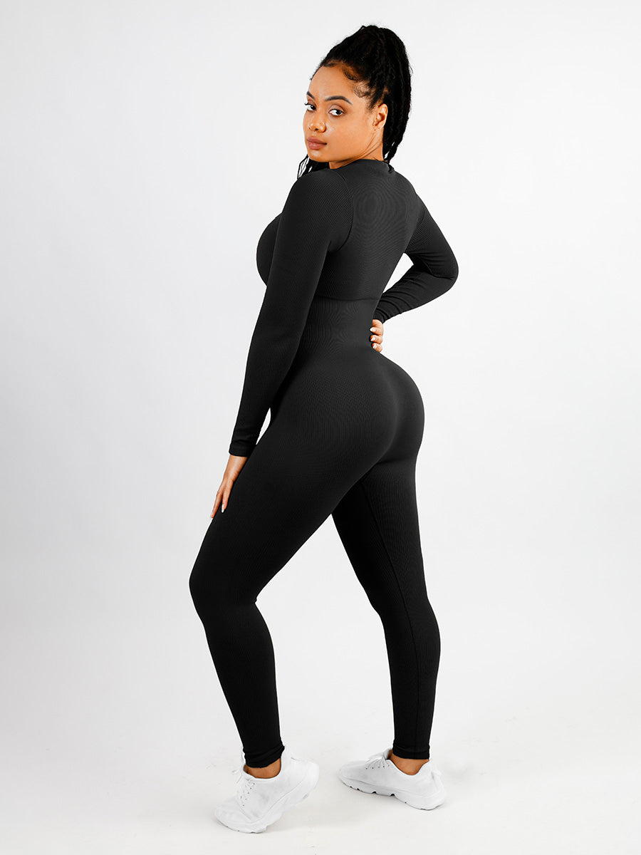 V-neck Tummy Control Long Sleeve Jumpsuit