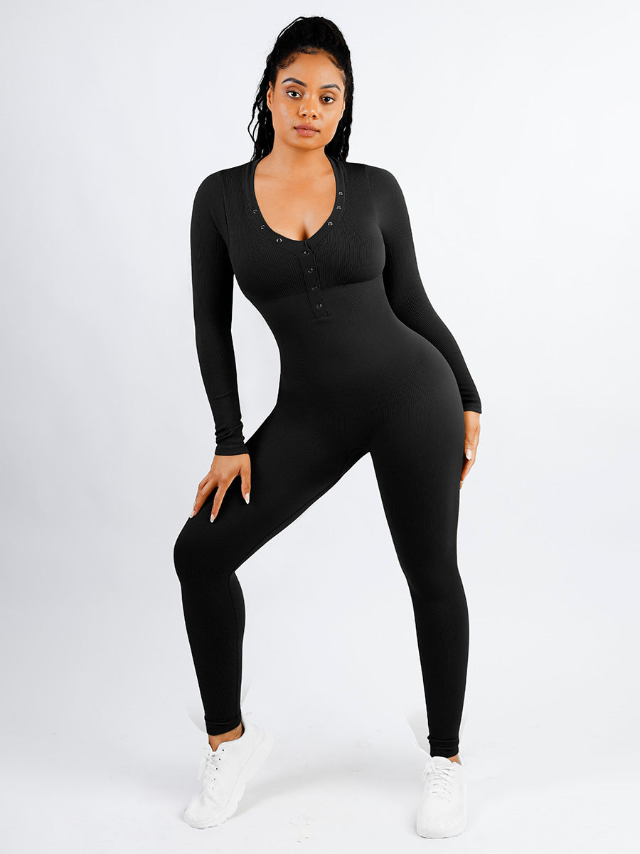 V-neck Tummy Control Long Sleeve Jumpsuit