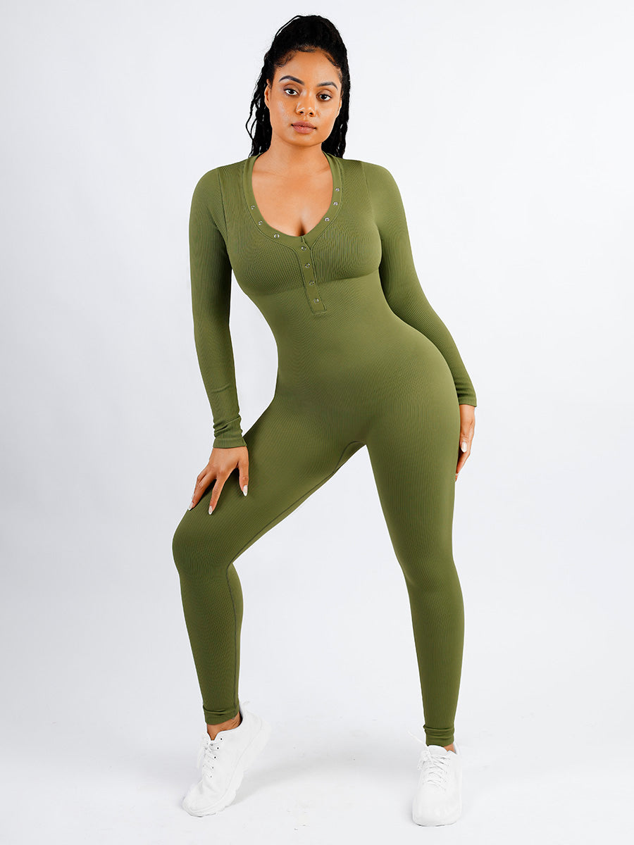 V-neck Tummy Control Long Sleeve Jumpsuit