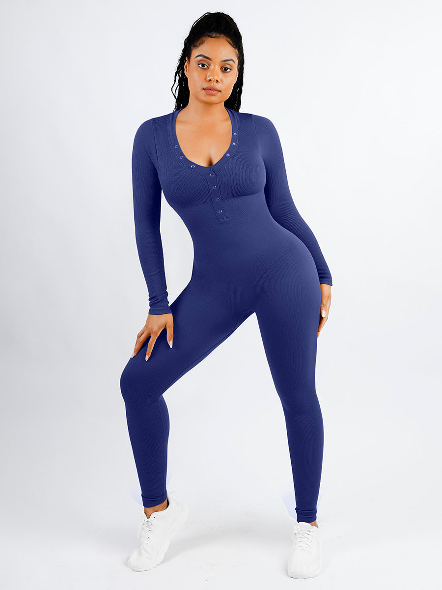 V-neck Tummy Control Long Sleeve Jumpsuit